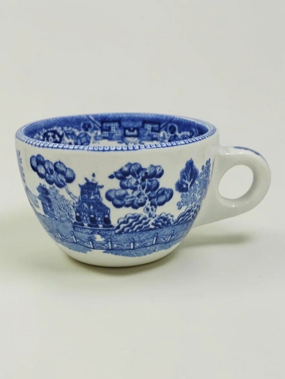 Buffalo Pottery Blue Willow Flat Cup Ring Handle Glazed Ceramic USA Vintage